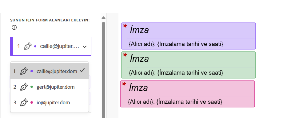 Alan özelliklerinin Alanın Atandığı Kullanıcı bölümü üç alıcı ve üç imza alanıyla görüntüleniyor 