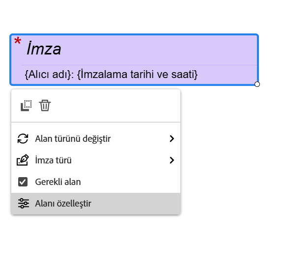 Sol tıklatma menüsü açık olarak E-imza alanı ve vurgulanmış olarak Özelleştir alanı.