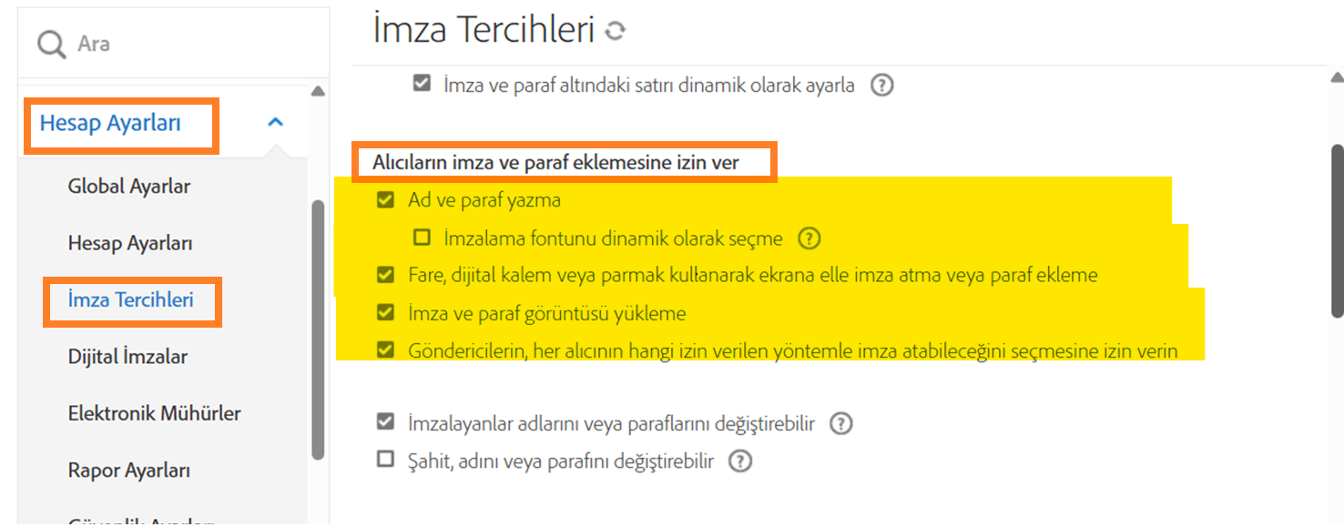 İzin verilen imza türleri denetimlerinin vurgulandığı İmza Tercihleri menüsü.