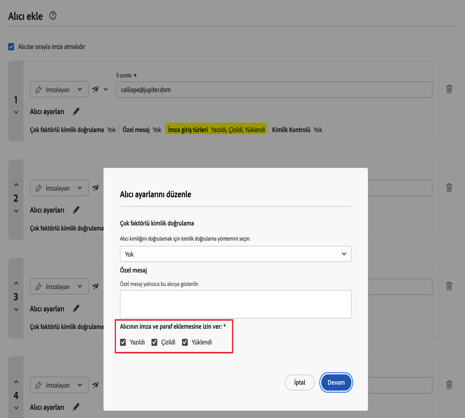 Alıcının ayarları açık ve izin verilen imza türleri vurgulanmış olarak Oluştur sayfası.