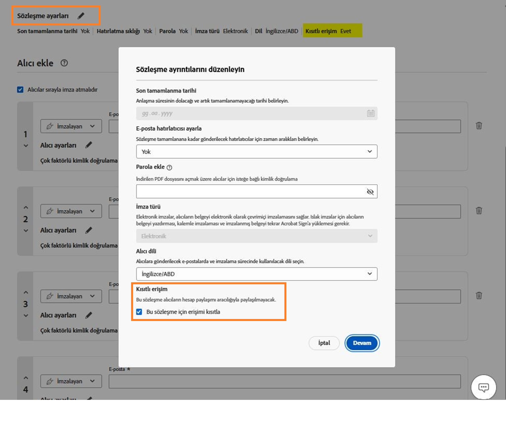 Kısıtlı Sözleşme kurallarını etkinleştirme veya devre dışı bırakma seçeneği vurgulanmış şekilde Sözleşme ayarlarının gönderenler görünümü.