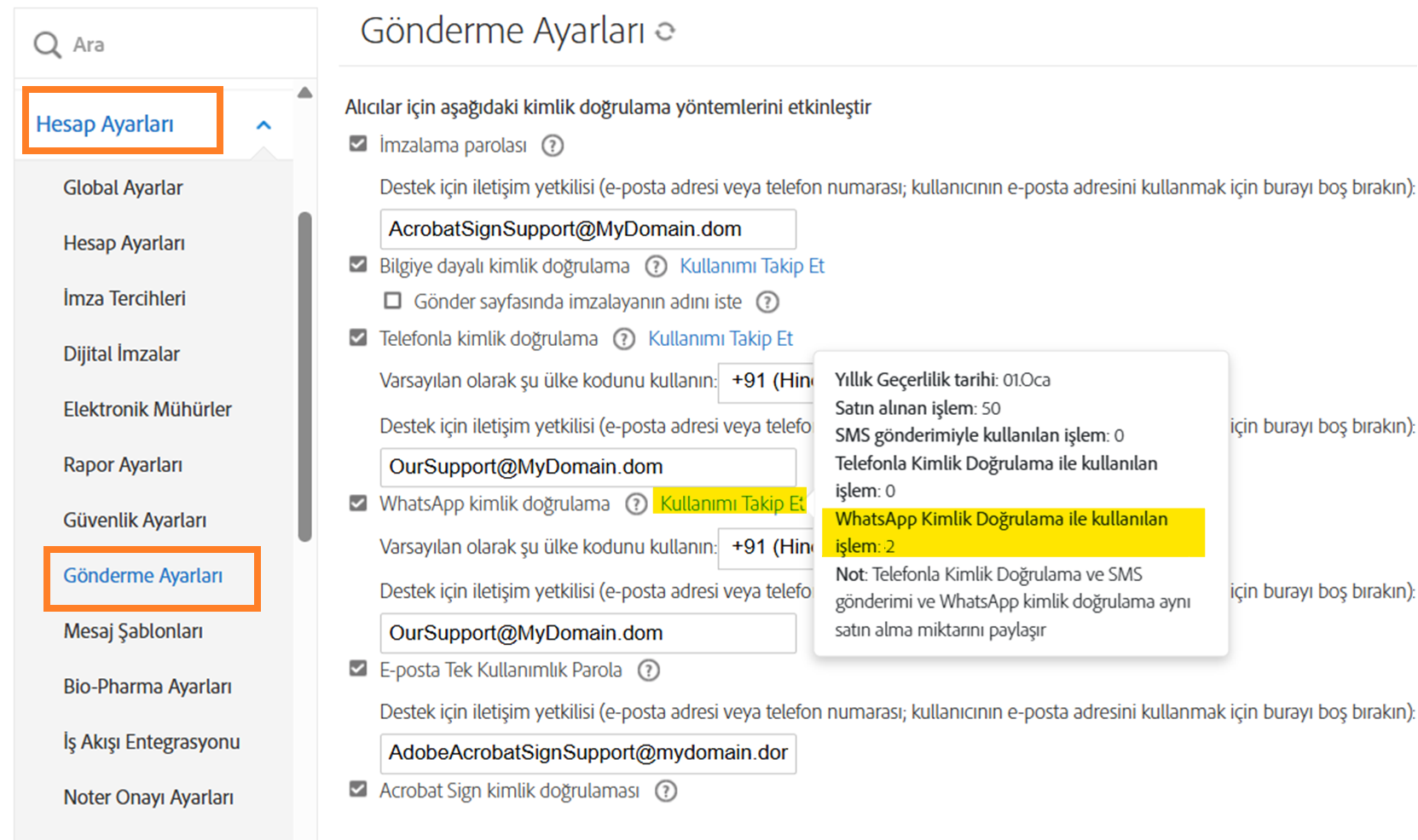Açılır bilgi penceresi açık, Kullanımı Takip Et bağlantısının vurgulandığı Gönderme Ayarları sayfası