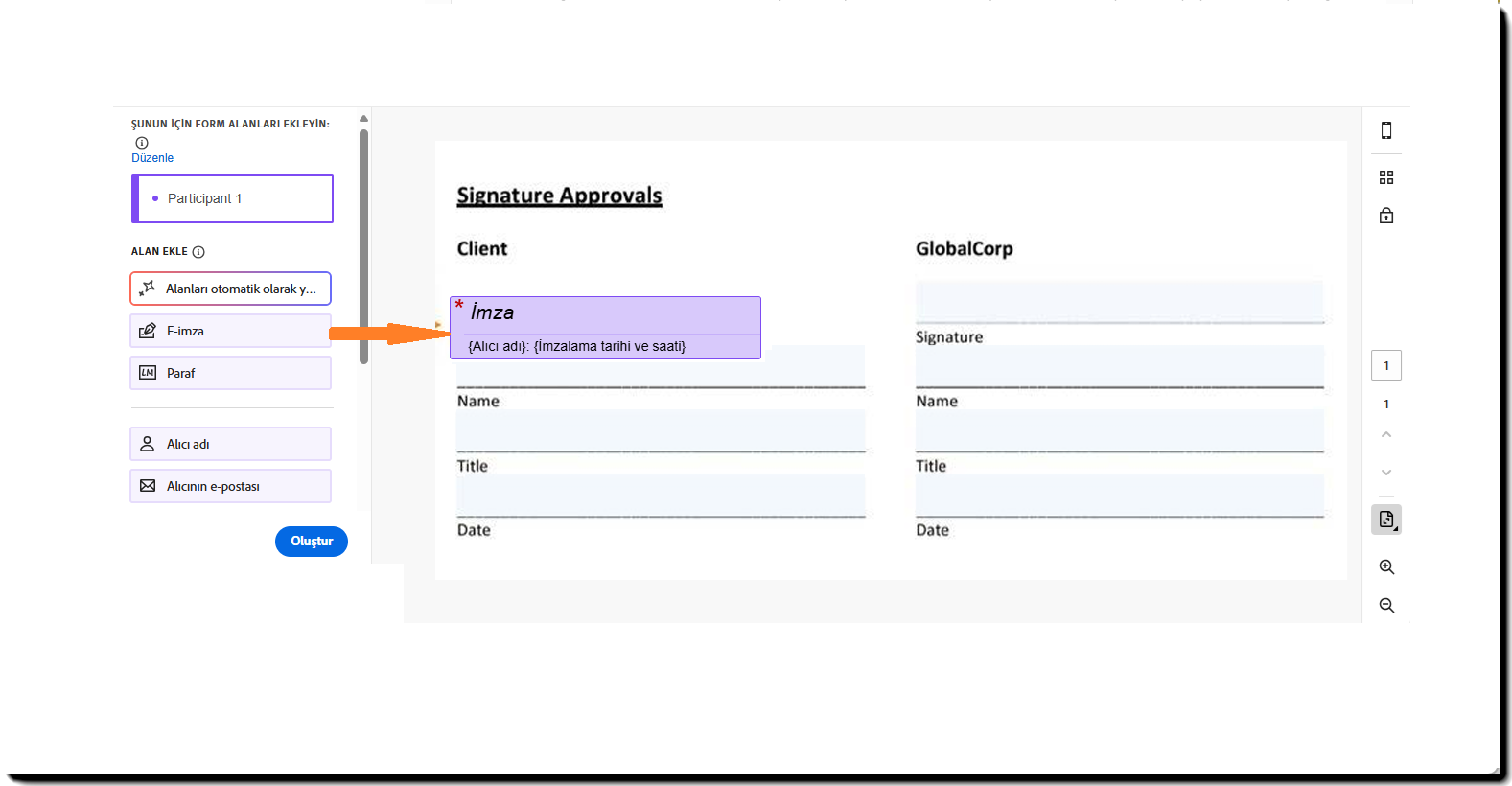 İmza alanı vurgulanmış ve forma yerleştirilmiş olarak şablon İçerik Oluşturma ortamı.