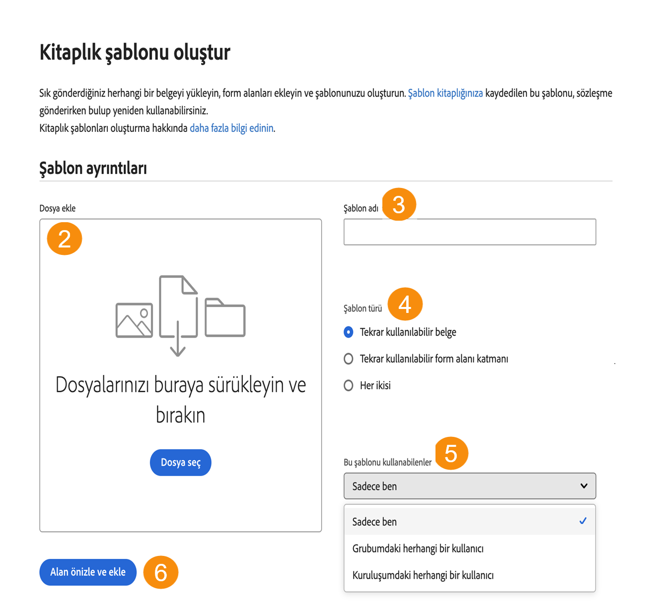 Genişletilmiş Şablon Özellikleri'ni gösteren &quot;Kitaplık Şablonu Oluştur&quot; sayfası.