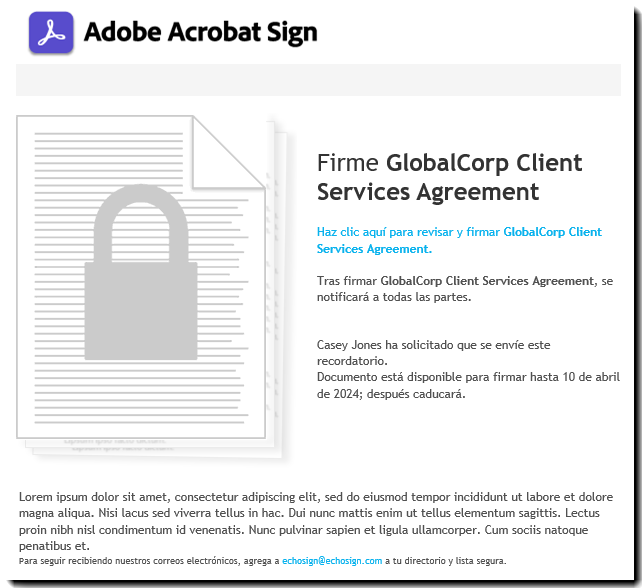 Yerelleştirilmiş yeni &quot;İncele ve imzala&quot; e-postası (İspanyolca).