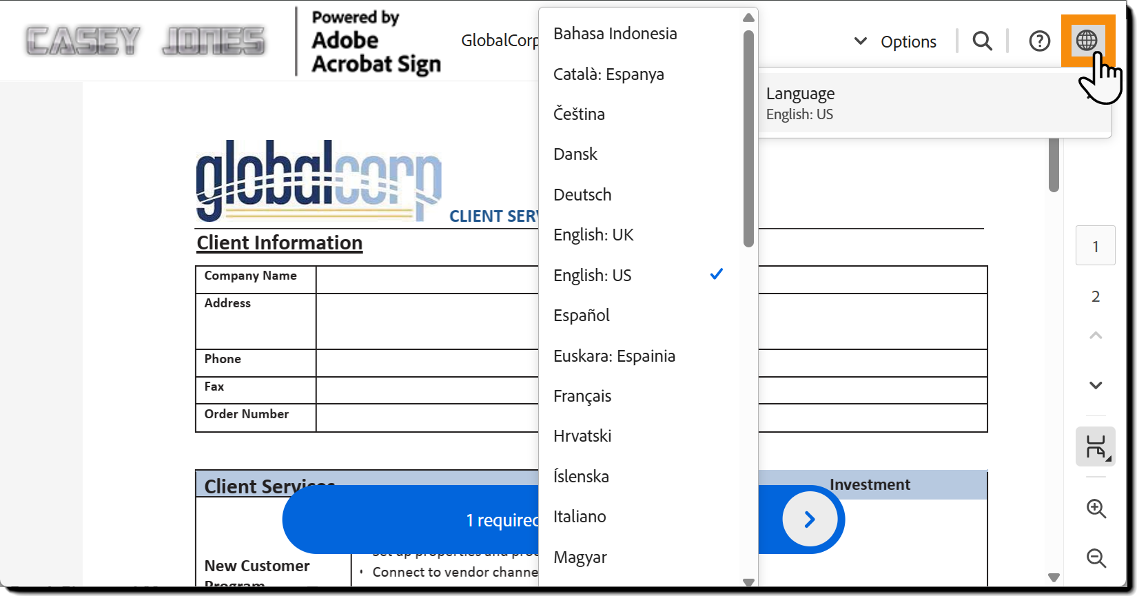 Diller açılır listesi genişletilmiş ve vurgulanmış olarak e-imza sayfası.