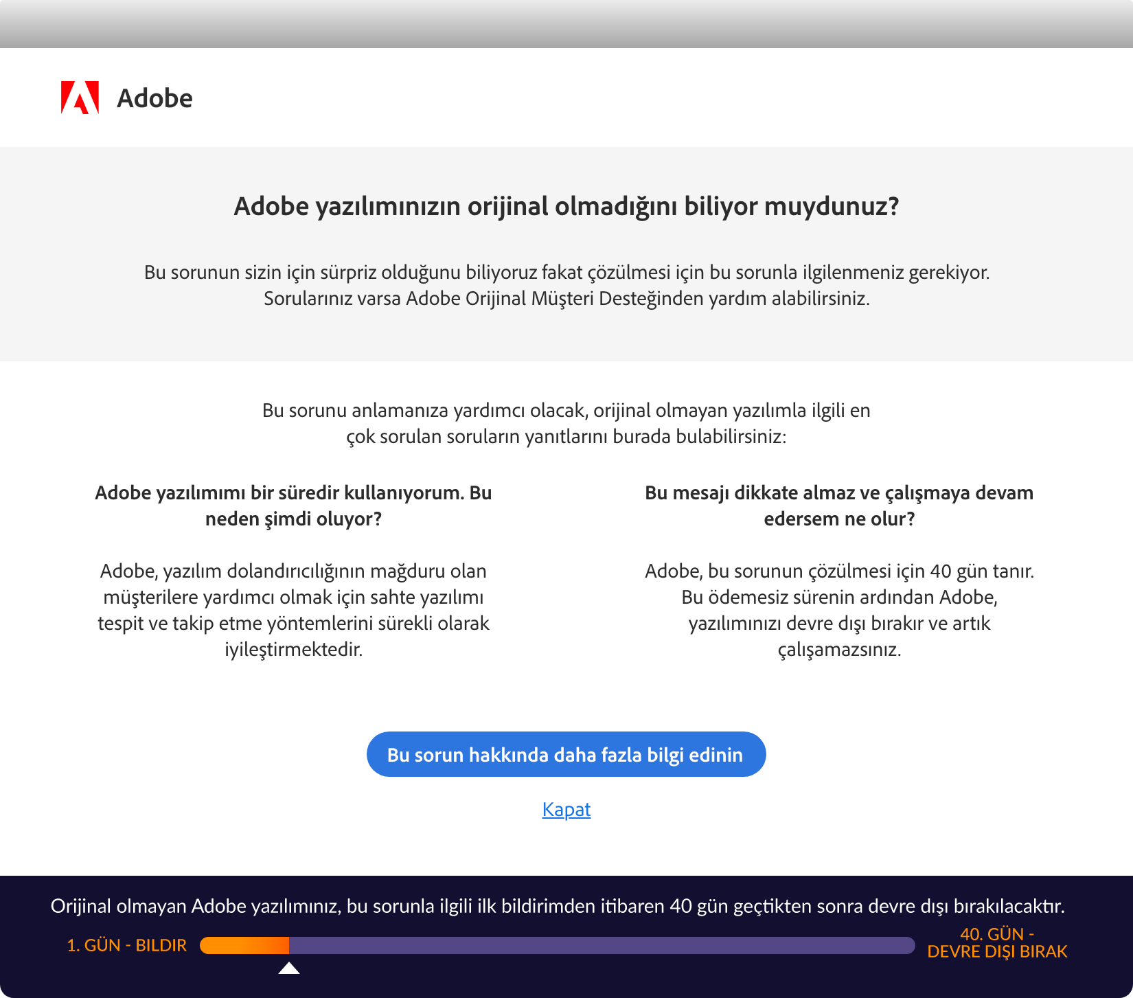 Orijinal olmayan bir uygulama kullanımdayken gönderilen bildirim