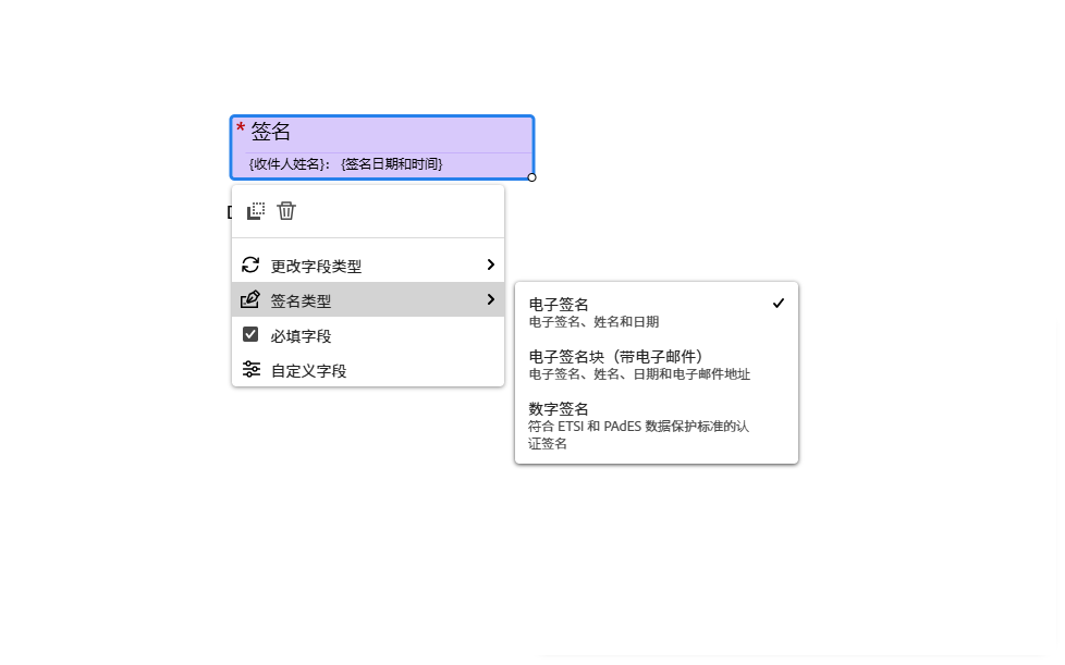 电子签名字段视图，其中显示左键单击字段菜单，以及“签名类型”。 展开的下拉菜单。