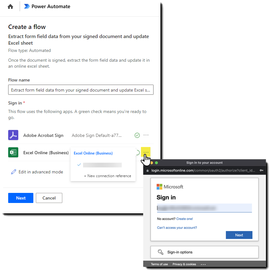Power Automate 在 Acrobat Sign 和 Excel 之间，并显示身份验证面板