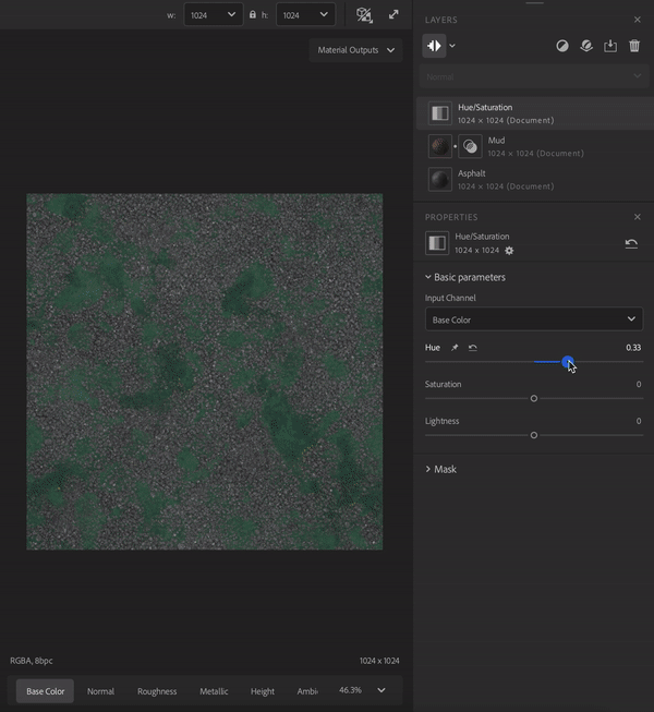 Properties of the Hue/saturation filter adjusting the layers bellow.